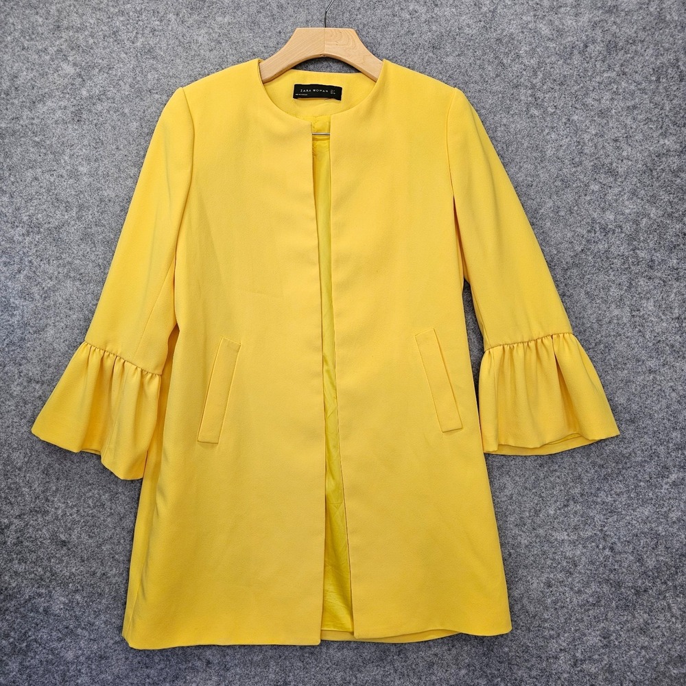 ZARA WOMAN Coat Medium Yellow Bright Soft Girl Ruffle Sleeve Open Front Egg